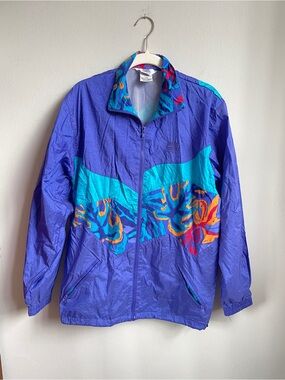 Vintage 90s Moving Comfort Windbreaker Jacket in Purple with Teal, Red, + Orange